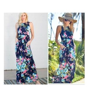 Dresses - LAST 2 - Navy Floral Print Maxi Dress With Pockets Dresses - LAST 2 - Navy Floral Print Maxi Dress With Pockets